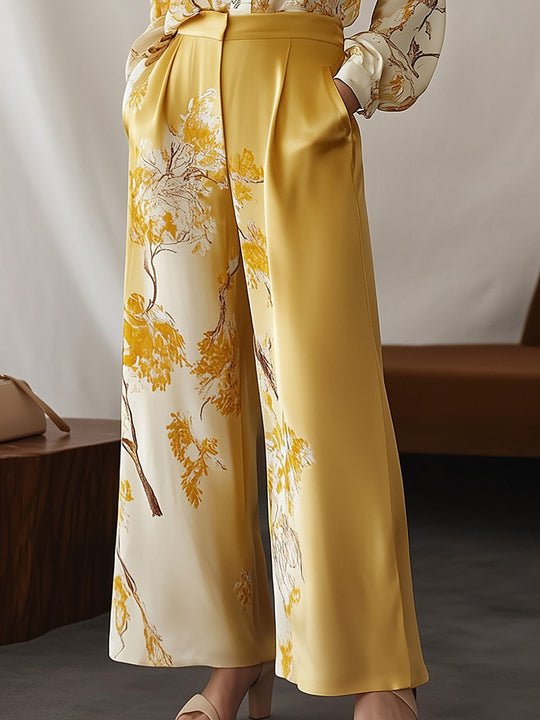 Elegant Yellow Floral Silk Shirt and Wide Leg Pants Set - Pants