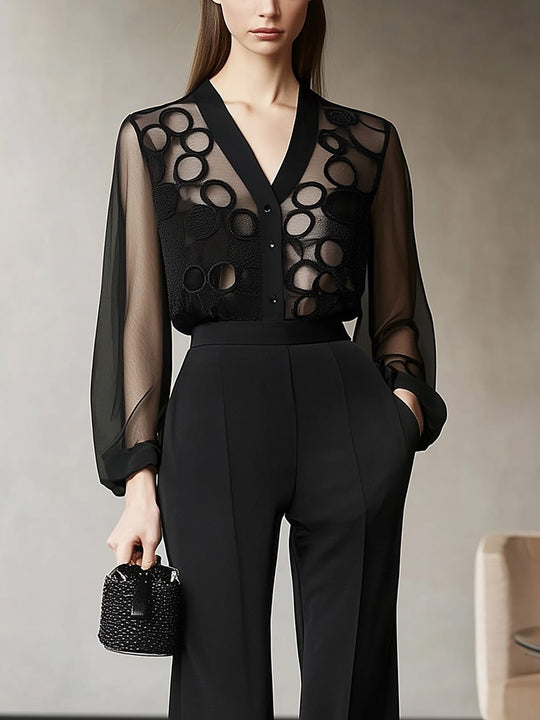 Elegant Black Lace Overlay Shirt Set