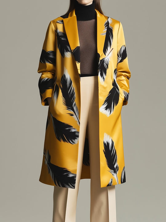 Elegant Feather Pattern Satin Trench