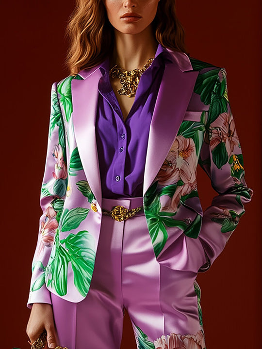 Bold Blossoms Lilac Floral Satin Blazer with Green Accents