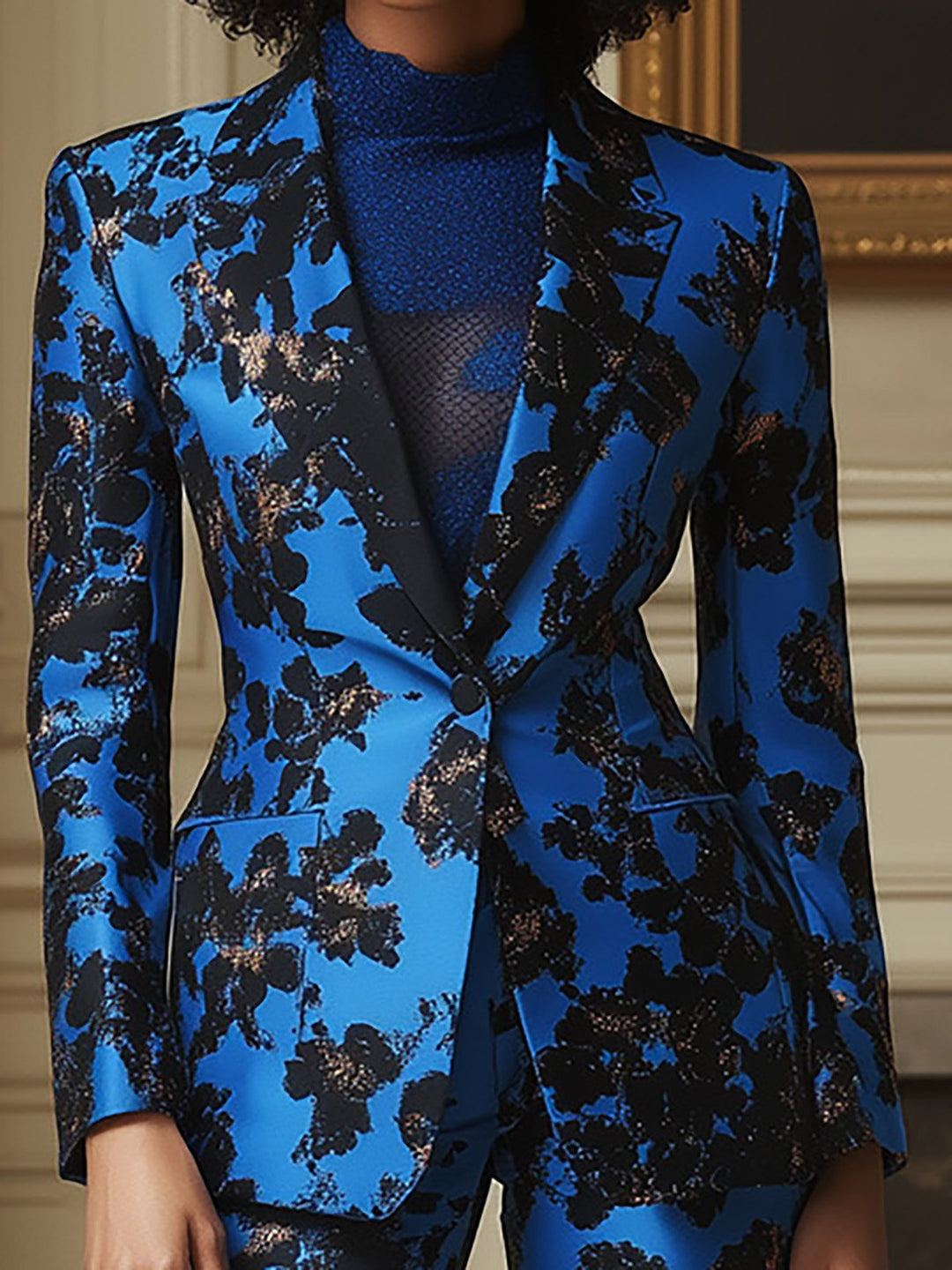 Midnight Garden Luxurious Blue and Black Floral Blazer Set - Blazer