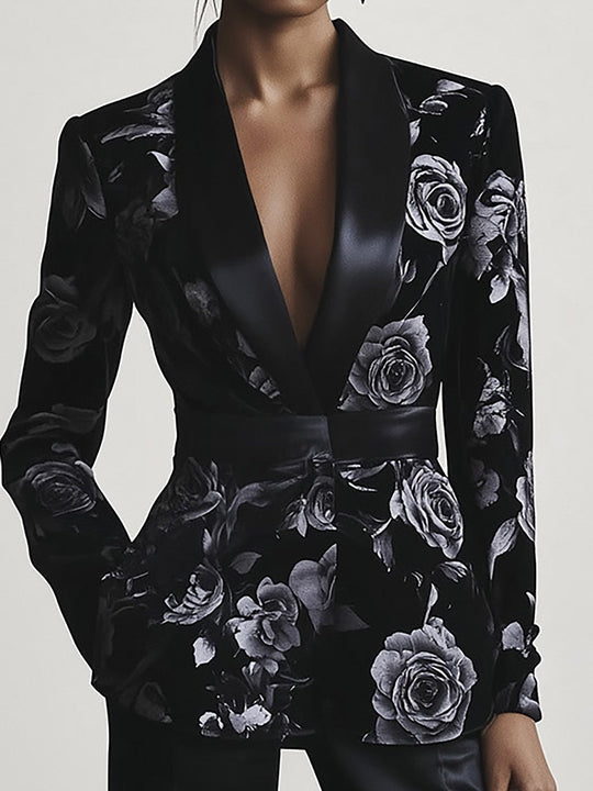 Chic Black Rose Print Suit - Blazer