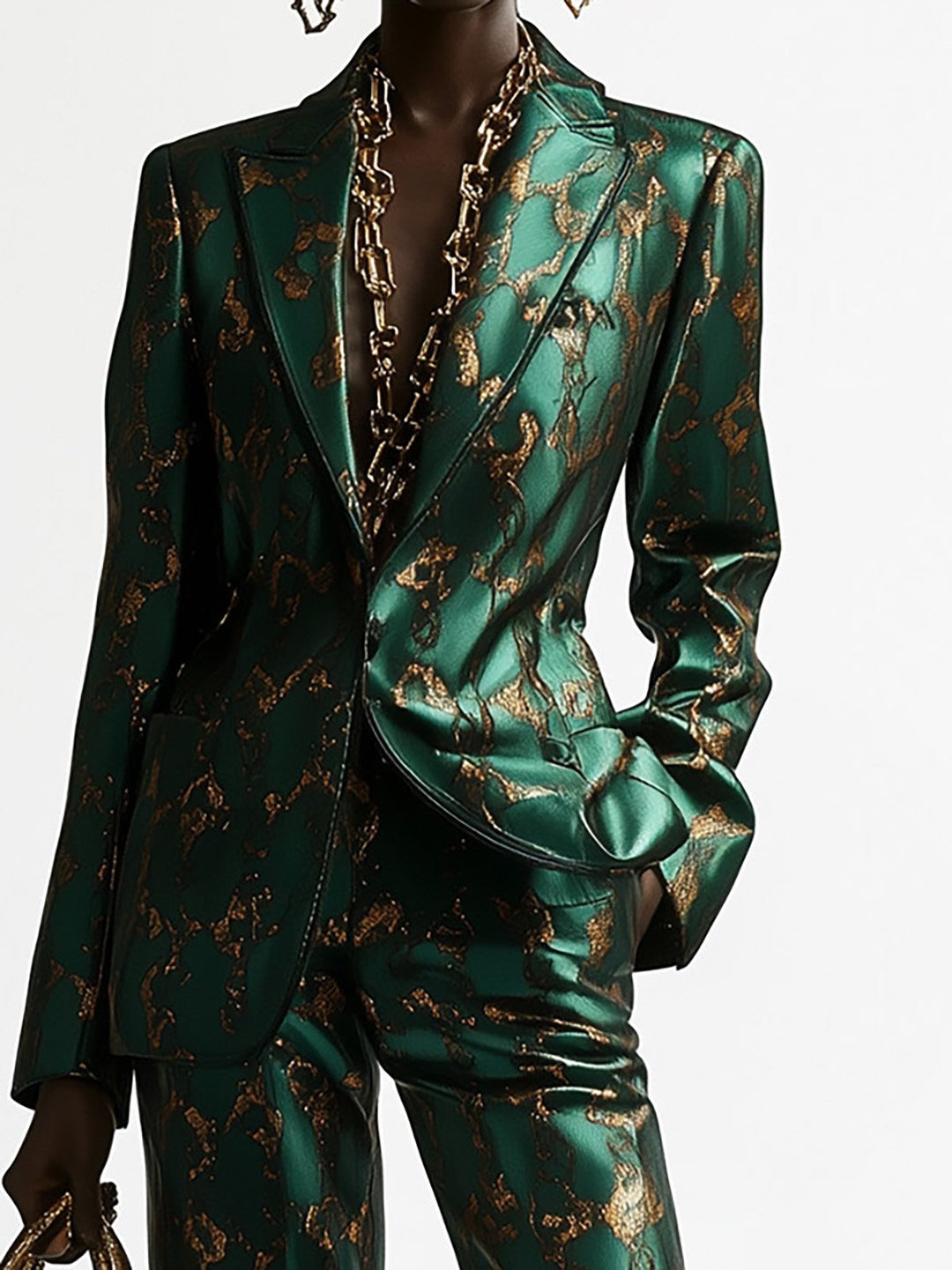 Chic Emerald Green Suit with Gold Accents - Blazer