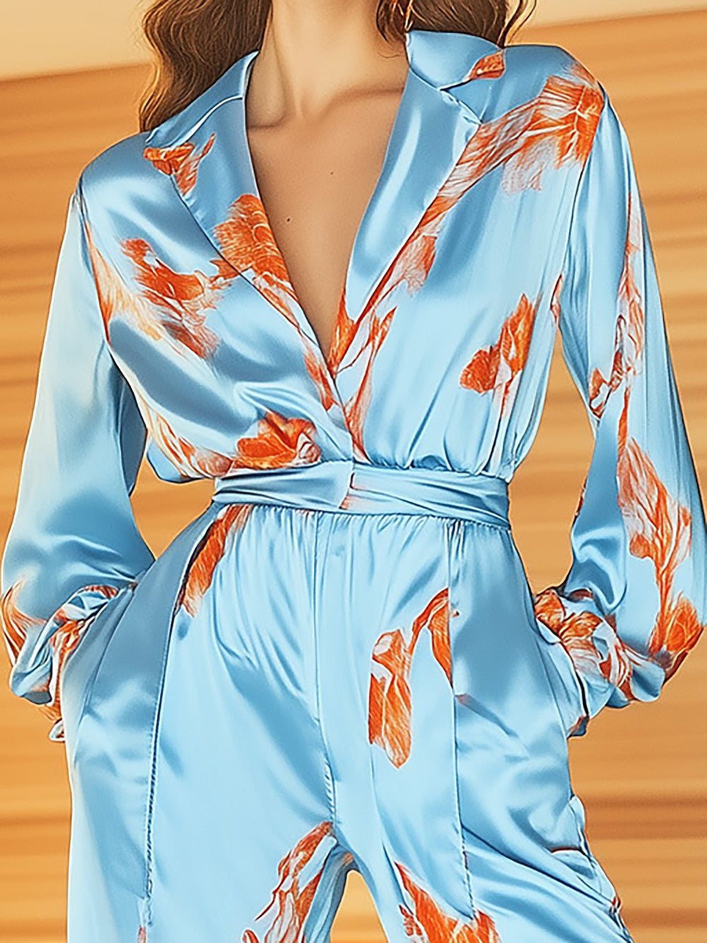 Blue Satin and Orange Floral Print Shirt Set - Shirt