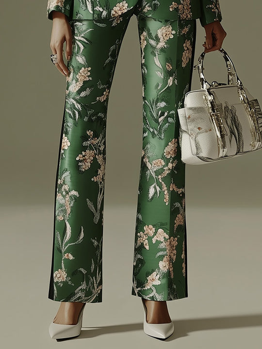 Botanical Luxe Emerald Green Satin Floral Blazer Suit - Pants