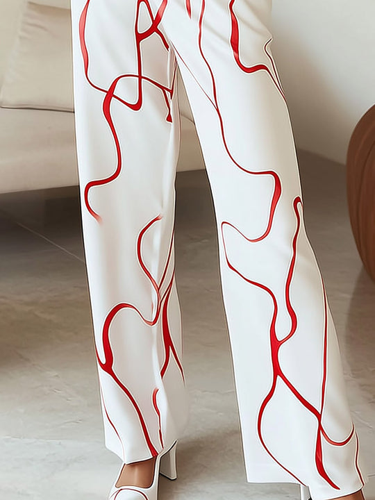 Chic White and Red Print Shirt Set - Pants