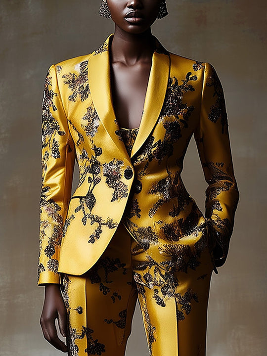 Tropical Glamour Satin Floral Suit with a Luxe Finish - Blazer