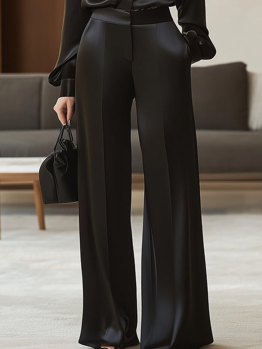 Black Satin Ensemble with 3D Rose Detail - Pants