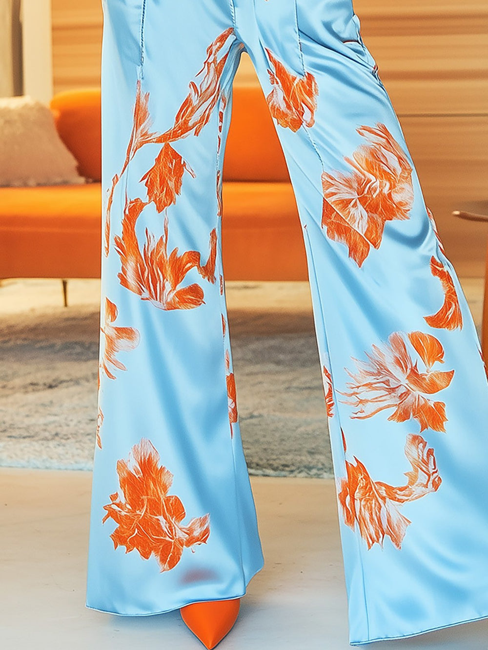 Blue Satin and Orange Floral Print Shirt Set - Pants