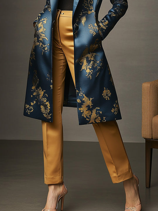 Golden Twilight Navy and Gold Floral Satin Overcoat - Pants