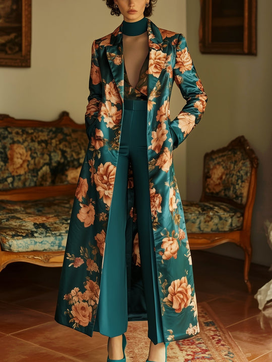 Opulent Garden Teal Floral Satin Coat