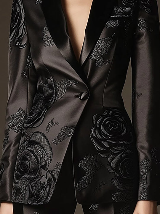 Modern Floral-Embellished Satin Suit - Blazer