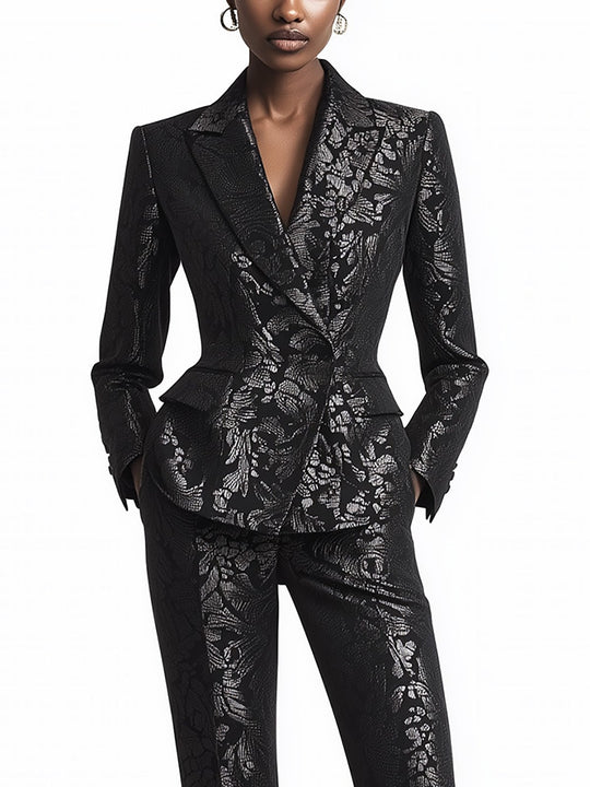 Elegant Black Lace Print Suit - Blazer