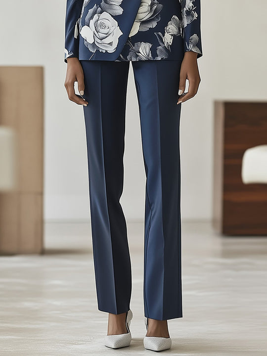 Elegant Navy Blue Floral Print Suit - Pants