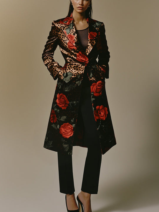 Crimson Rose and Leopard Print Satin Coat