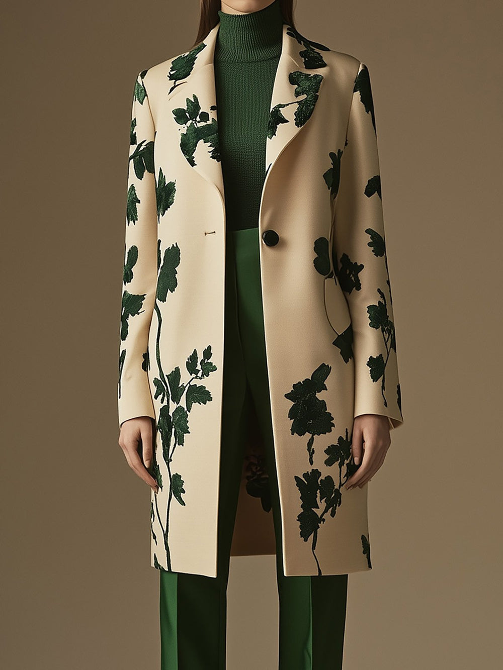 Cream and Green Botanical Satin Overcoat