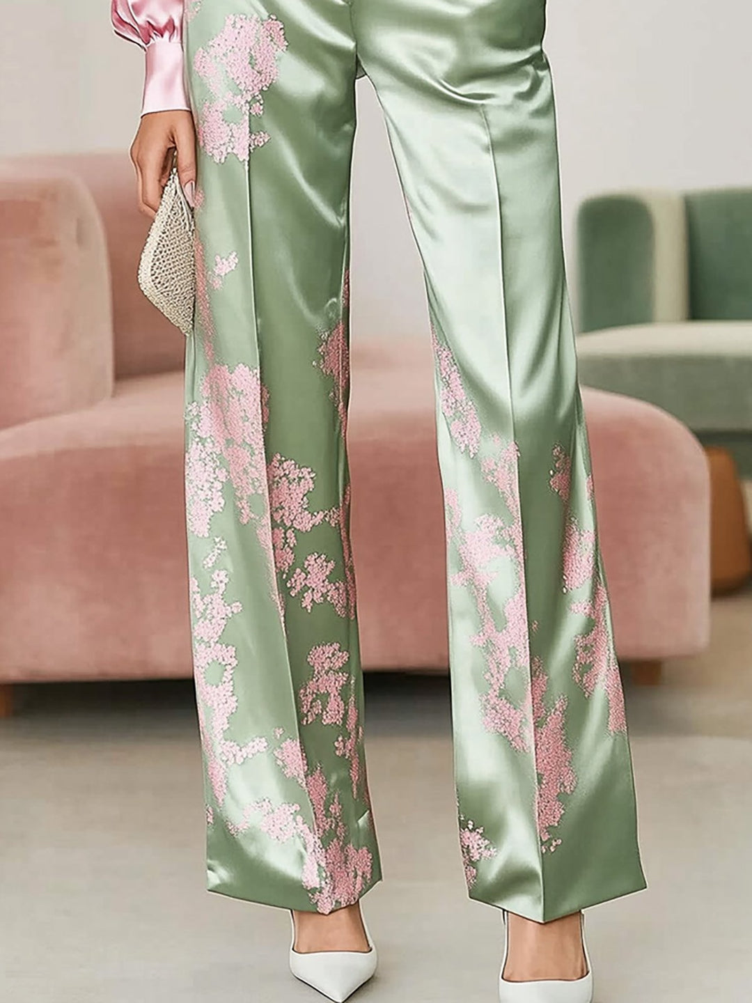 Pink Green Satin Printed Shirt Suit - Pants