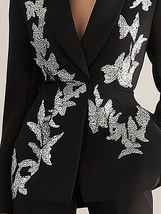 Chic Black Suit with Nature-Inspired Print - Blazer