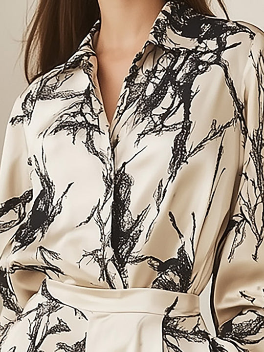 Monochrome Nature-Inspired Satin Ensemble - Shirt