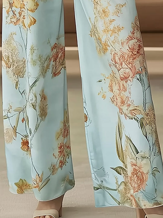 Sky Blue Satin Floral Relaxed Set - Pants