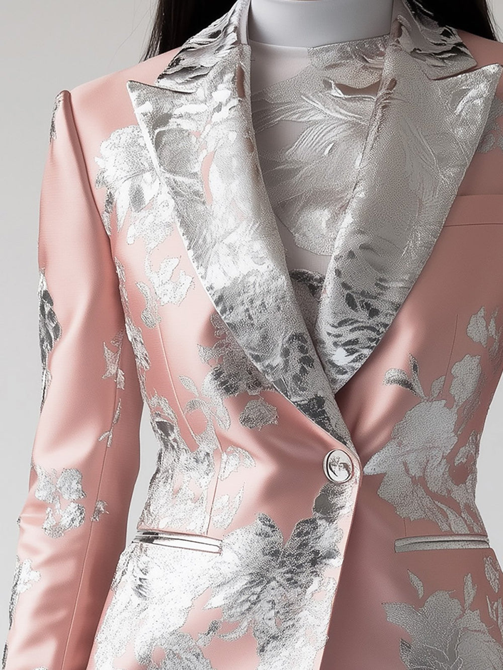 Silky Pink-Silver Satin Jacquard Blazer