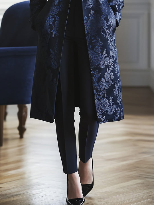 Navy Baroque Print Satin Outerwear