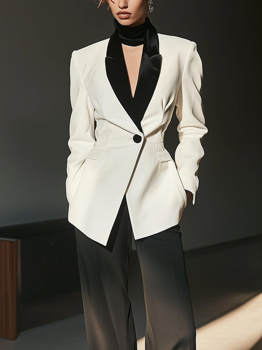 White Suit Blazer with Black Satin Lapel