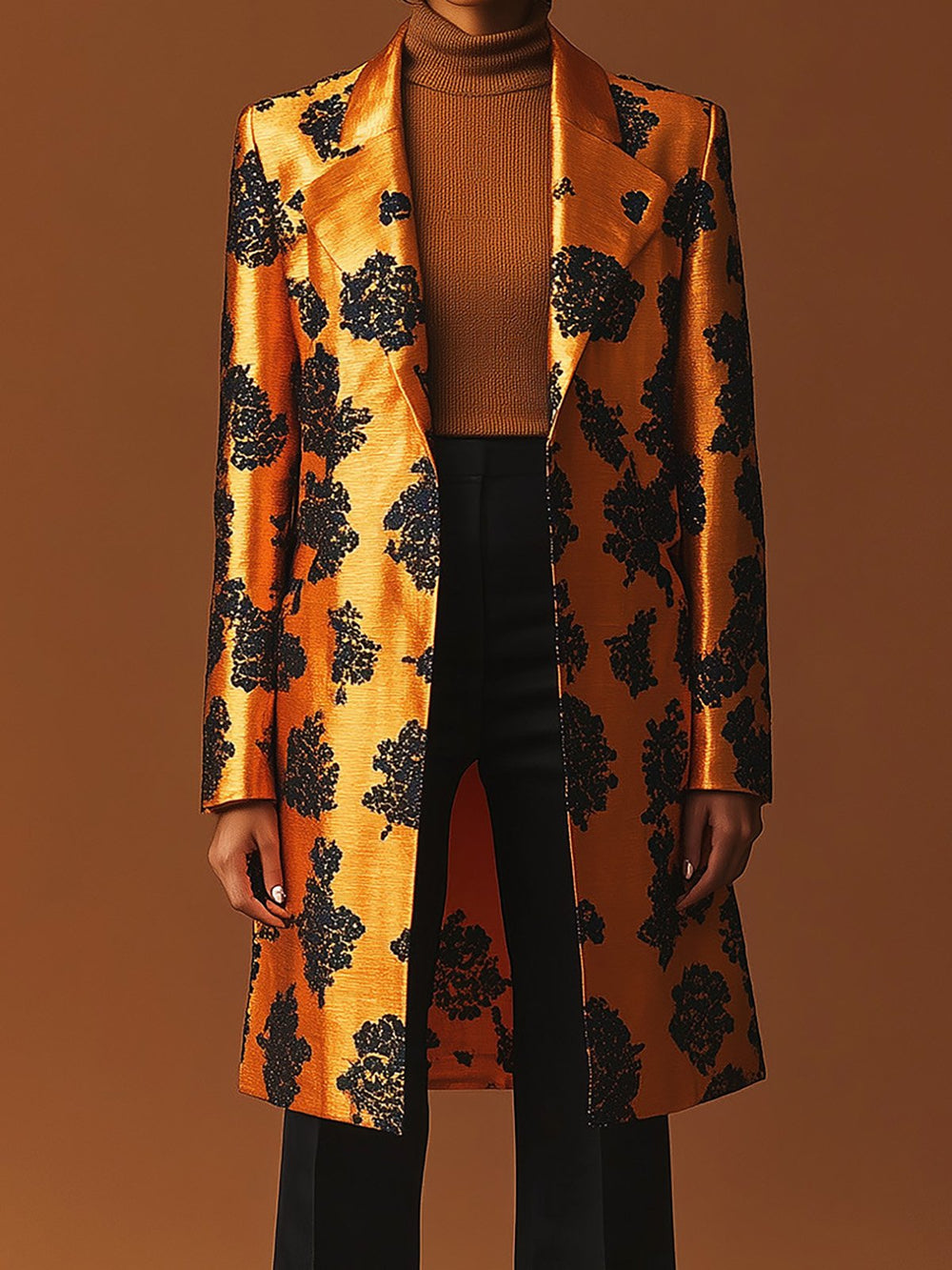 Majestic Bloom Golden Satin Overcoat with Black Accents