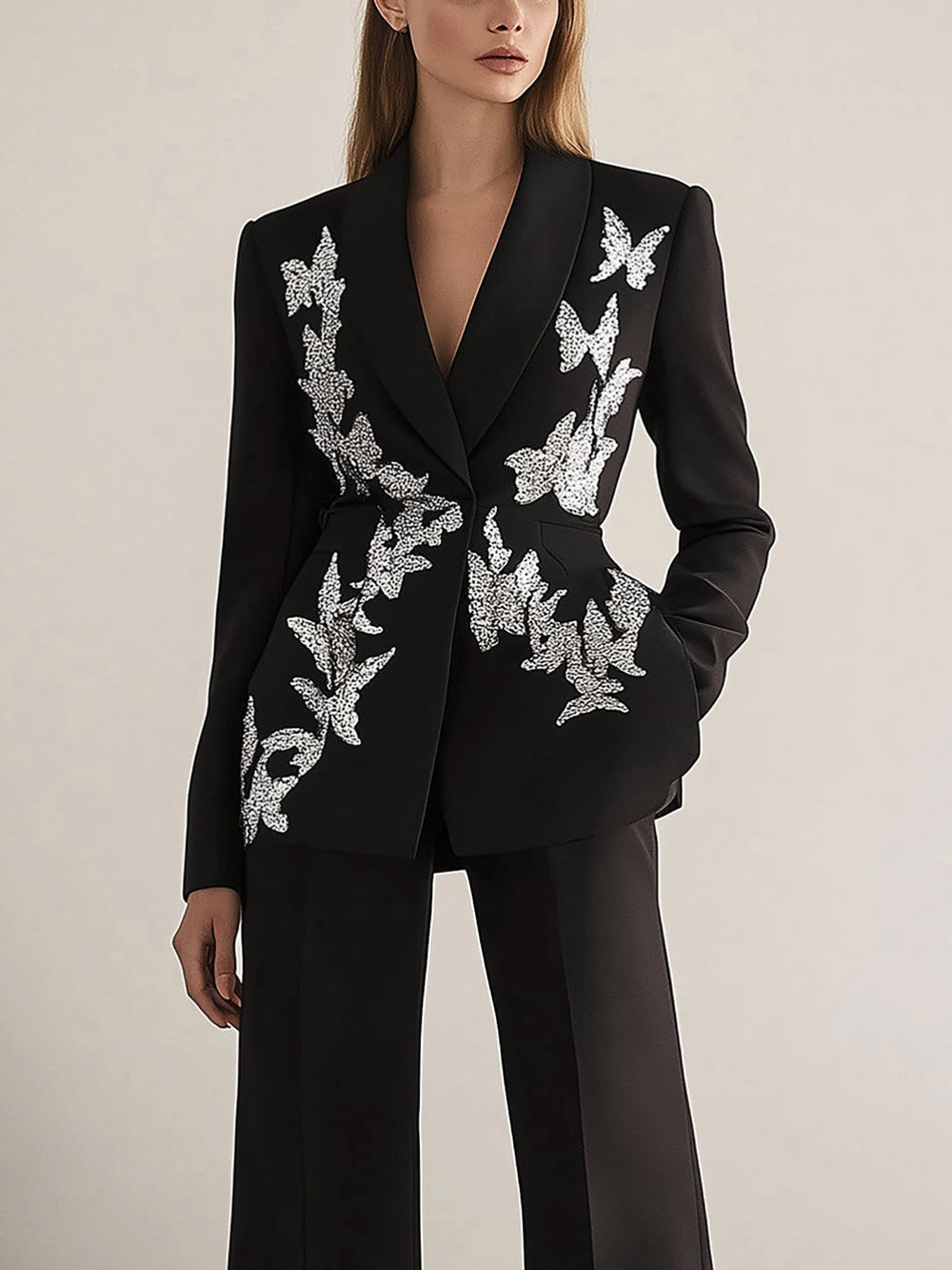 Chic Black Suit with Nature-Inspired Print