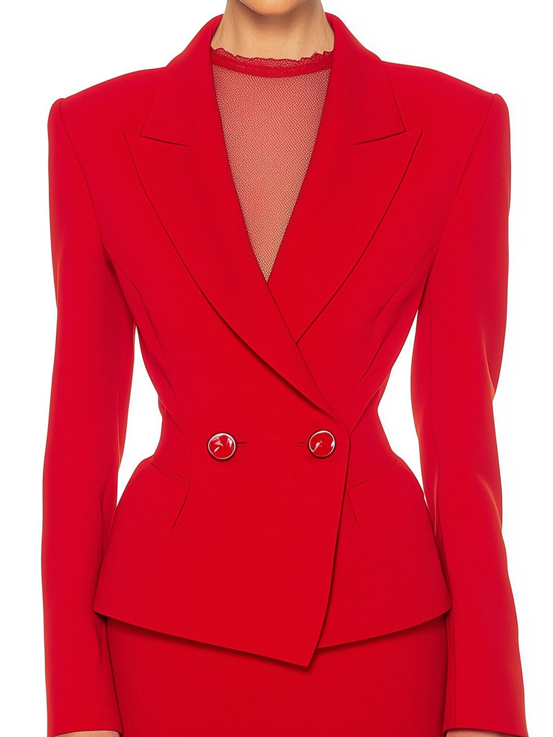 Waist-Cinching Shoulder-Padded Red Blazer