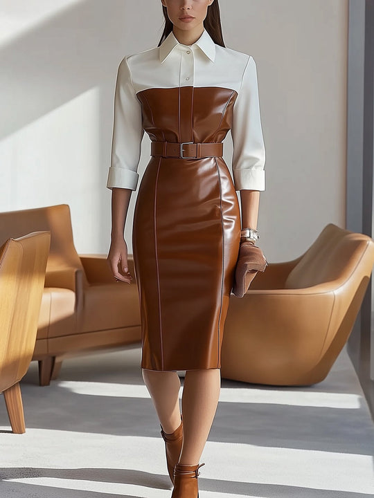 Elegant Leather-Trimmed Shirt Dress