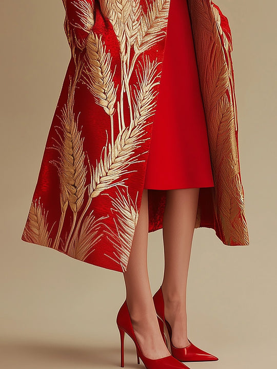 Elegant Red and Gold Wheat Print Coat