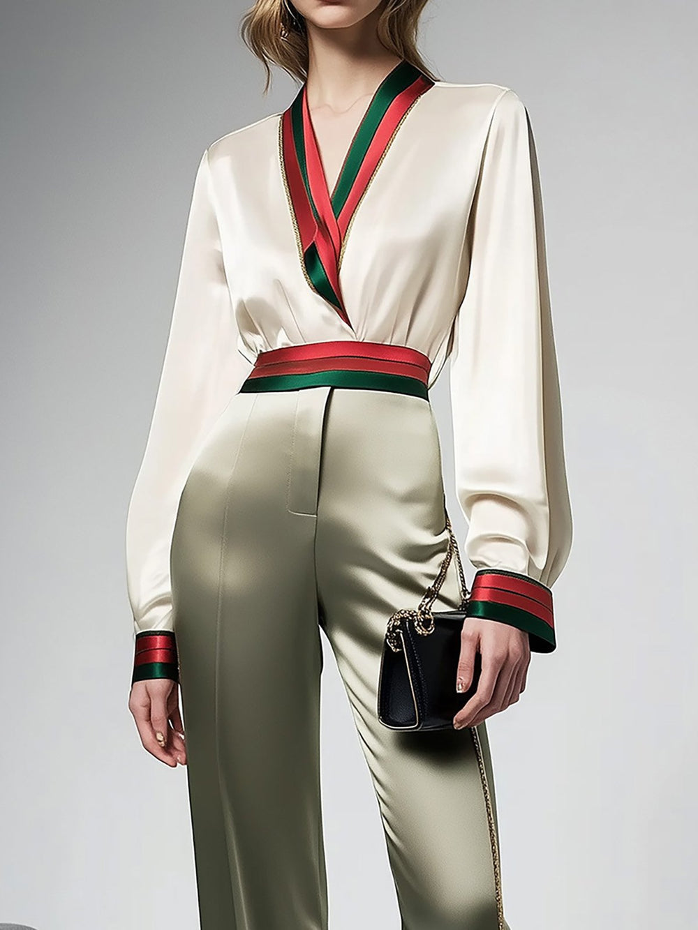 Sophisticated Satin Shirt Set with Bold Trim