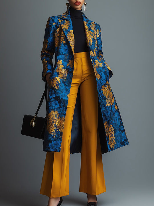 Royal Bloom Blue and Gold Satin Floral Overcoat