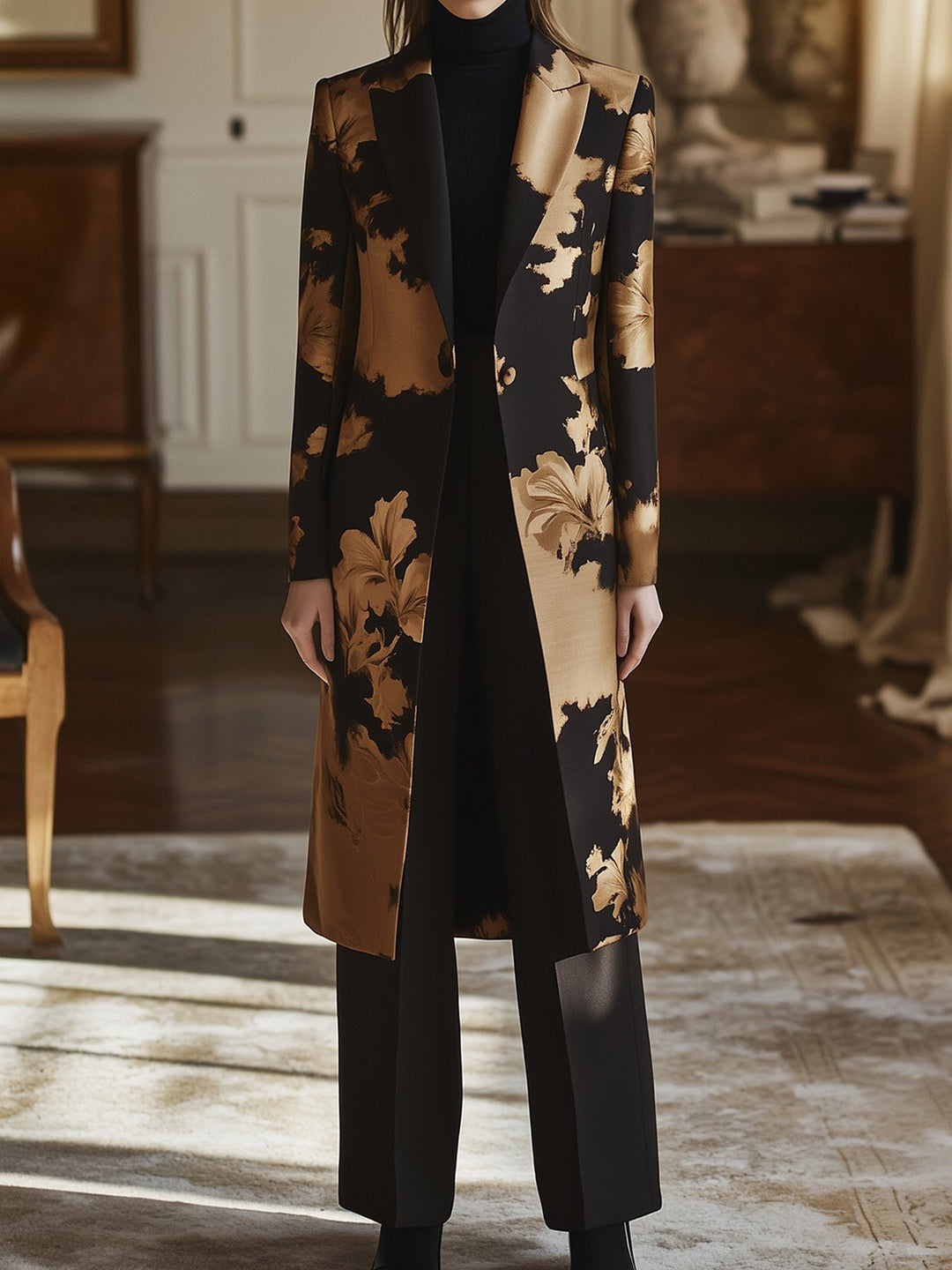 Contemporary Black and Gold Floral Coat