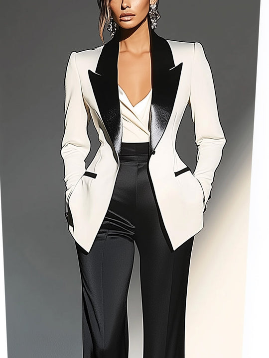 Black Satin Collar White Blazer