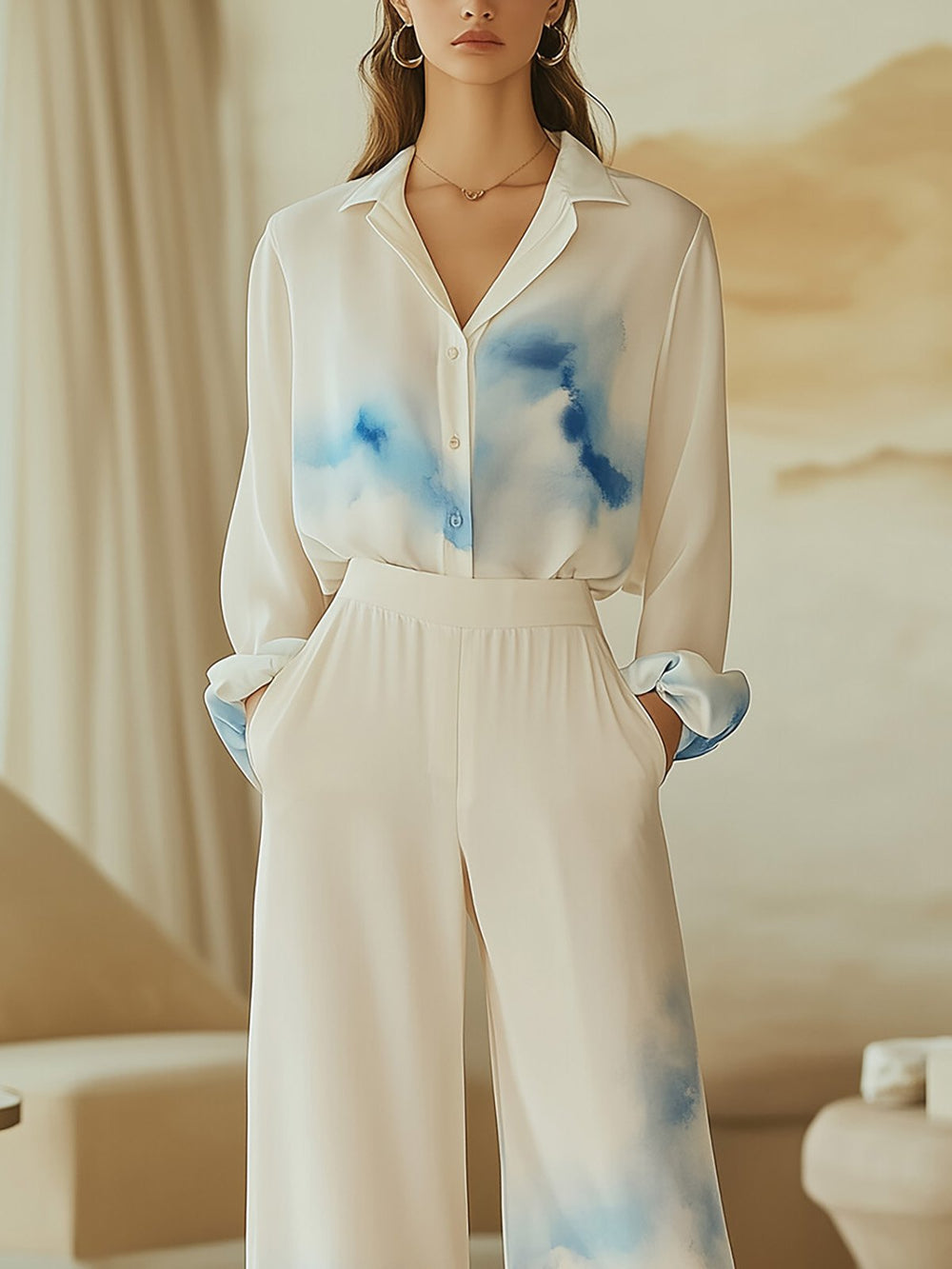 Elegant Cloud Print Shirt and Pants Set