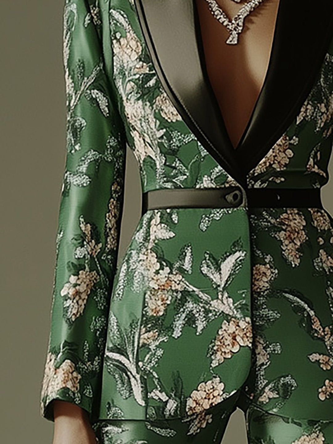 Botanical Luxe Emerald Green Satin Floral Blazer Suit - Blazer