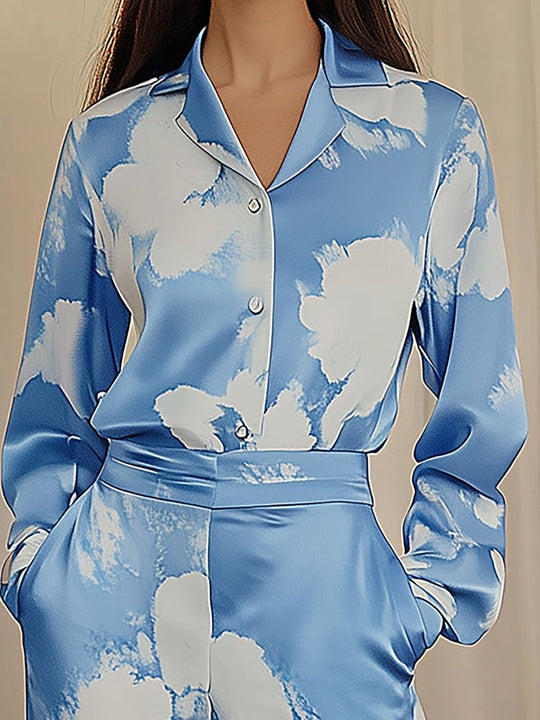 Elegant Sky Blue Satin Print Ensemble - Shirt