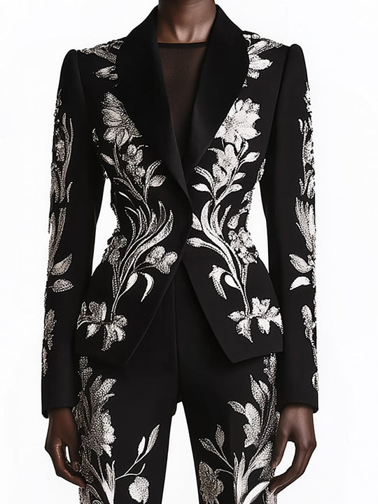 Enchanted Black and Silver Floral Suit - Blazer