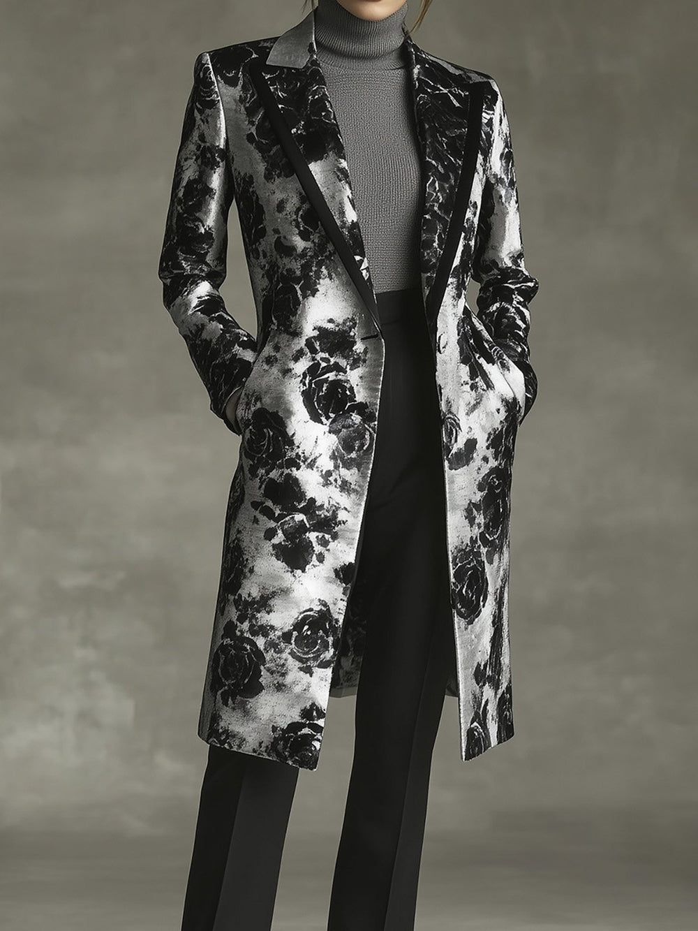 Classic Black Rose Printed Overcoat