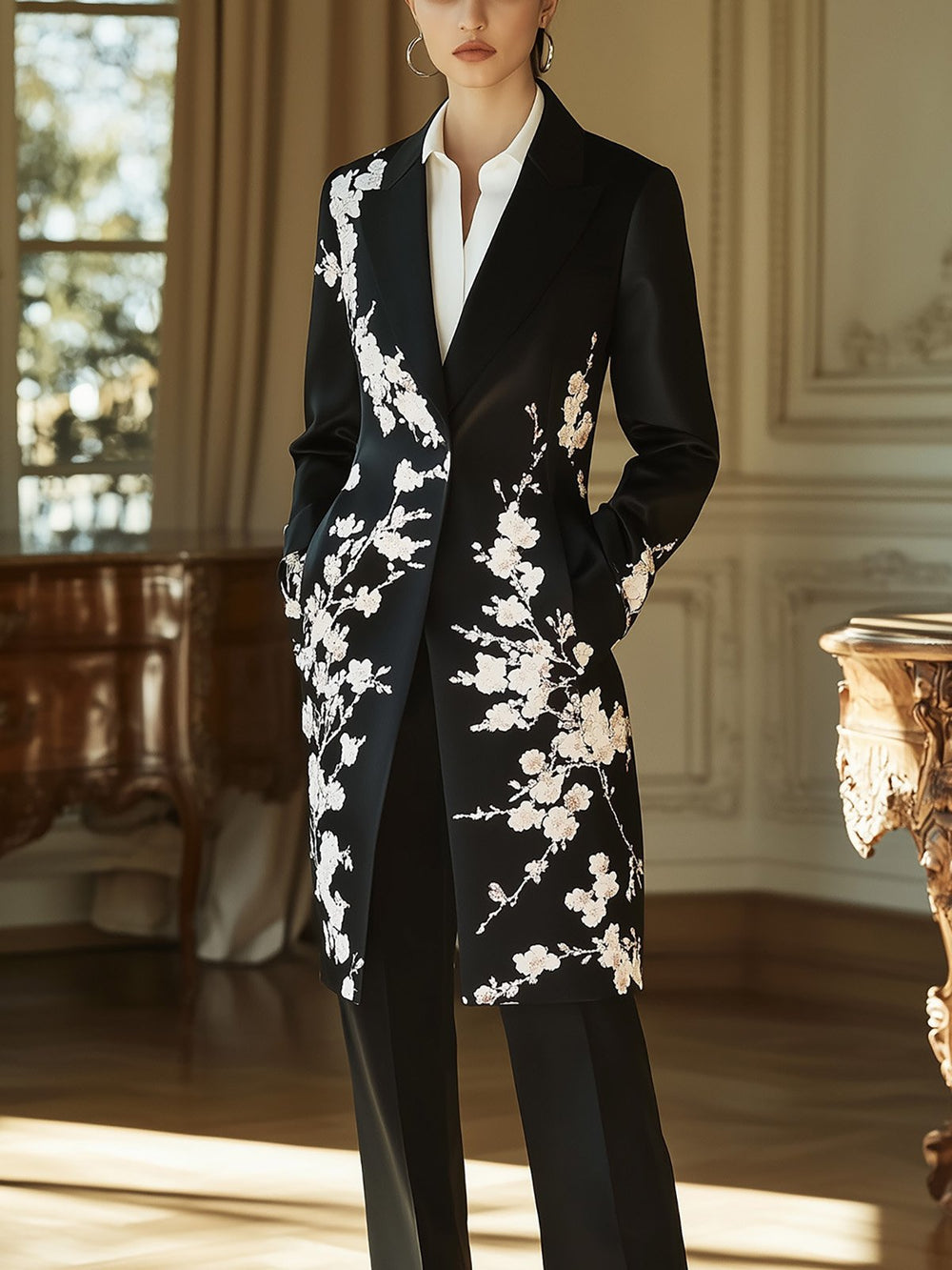 Black Satin Coat with White Floral Accents