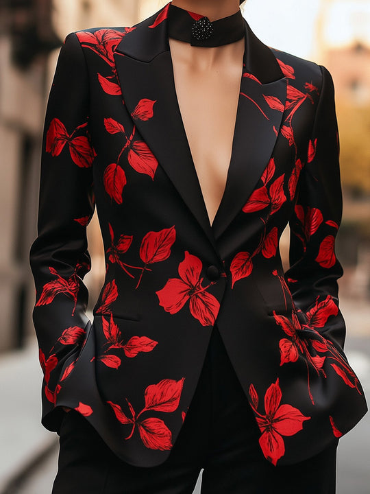 Leaf Pattern Satin Print Blazer