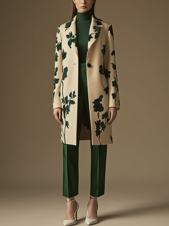 Cream and Green Botanical Satin Overcoat