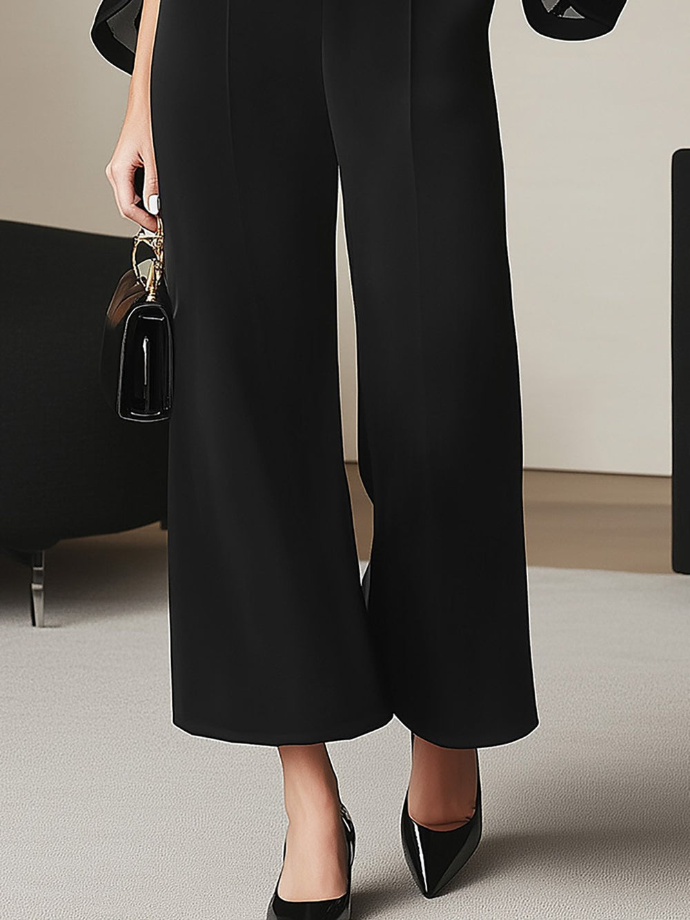 Chic Black Wide-Leg Shirt Set with Mesh Detail - Pants