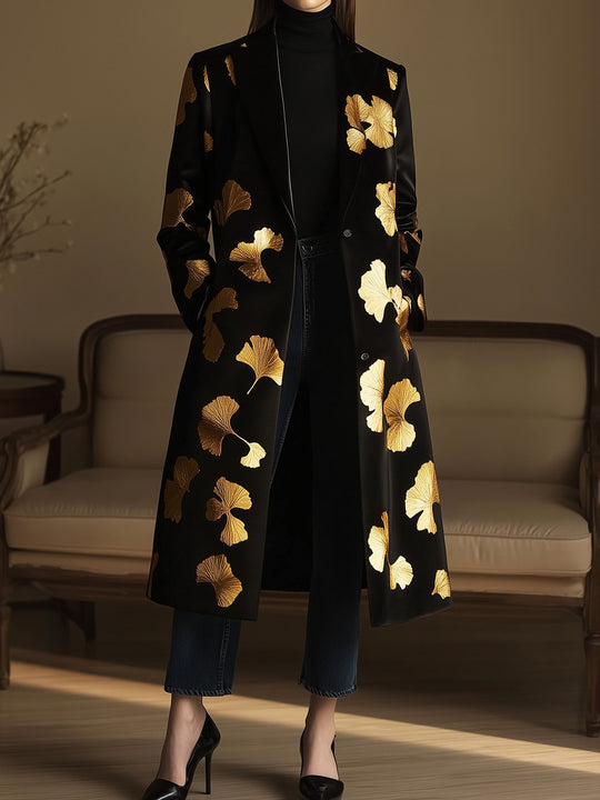 Black Coat with Ginkgo Leaf Motif