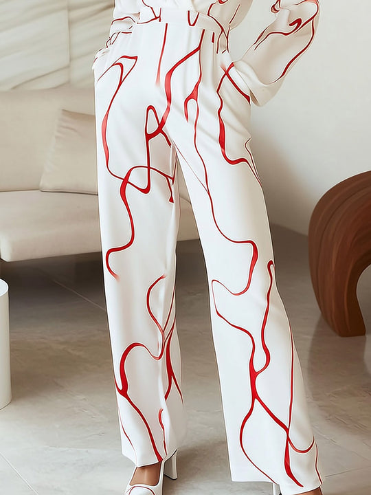 Chic White and Red Print Shirt Set - Pants