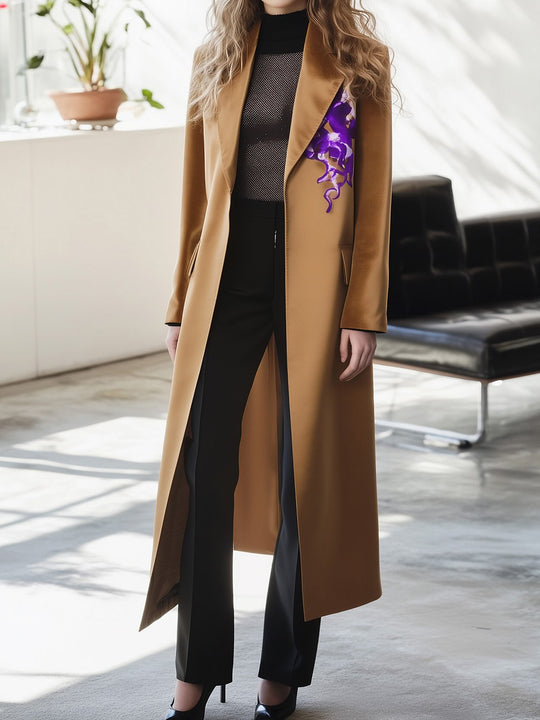 Elegant Camel Trench Coat with Purple Floral Print