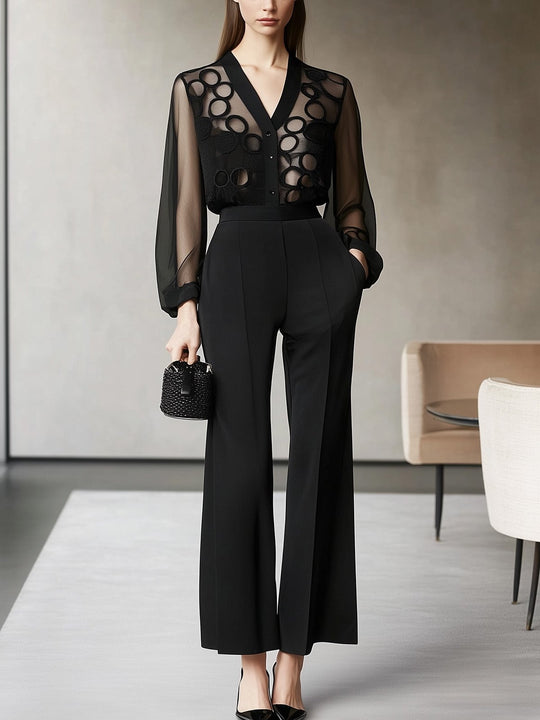 Elegant Black Lace Overlay Shirt Set