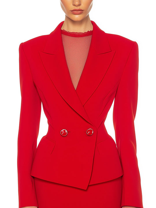 Waist-Cinching Shoulder-Padded Red Blazer